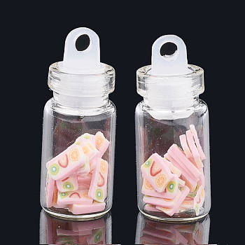 Handmade Polymer Clay Nail Art Decoration Accessories, with Glass Wishing Bottle and CCB Plastic Bottle Stopper, Pink, 4~7x4~6x0.1~1mm, bottle: 27.5x11mm, hole: 3mm