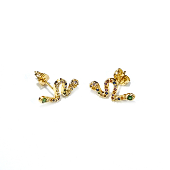 Brass Micro Pave Cubic Zirconia Stud Crawler Earrings, Climber Earrings, with Brass Ear Nuts, Snake, Colorful, Golden, 17~17.5x8mm, Pin: 0.7mm