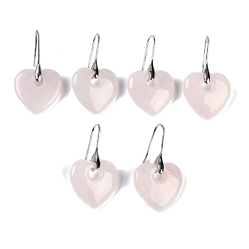 Natural Rose Quartz Dangle Earrings, with Rack Plating Brass Earring Hooks, Cadmium Free & Lead Free, Heart, 40x23mm