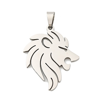 Non-Tarnish 201 Stainless Steel Pendants, Laser Cut, Lion Charms, Stainless Steel Color, 31.5x25x1.5mm, Hole: 7.5x3.5mm