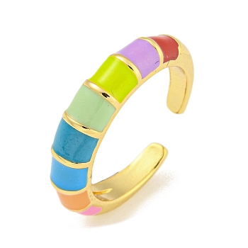 Rack Plated Brass Enamel Open Cuff Rings, Lead Free & Cadmium Free, Long-Lasting Plated, Real 18K Gold Plated, Colorful, 5mm, Adjustable