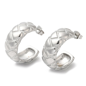 304 Stainless Steel Rhombus Pattern Stud Earrings, Half Hoop Earrings, Stainless Steel Color, 24x9.5mm