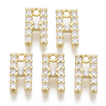 Brass Micro Pave Cubic Zirconia Charms, Nickel Free, Letter, Clear, Real 18K Gold Plated, Letter.H, 12.5x6.5x2.5mm, Hole: 1.2mm