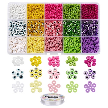 Glass Seed & Polymer Clay & Evil Eye Beads Kit for DIY Bracelet Making, Including Flat Round Evil Eye Resin Beads, Glass Seed Beads, Disc/Flat Round Handmade Polymer Clay Beads, Elastic Thread, Mixed Color, Evil Eye Beads: 400pcs/set