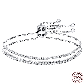 Clear Cubic Zirconia Tennis Bracelet, Adjustable Rhodium Plated 925 Sterling Silver Double Layer Slider Bracelets, with 925 Stamp, Platinum, 3-1/2~8-5/8 inch(9~22cm)