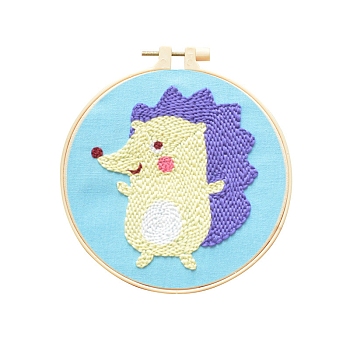 Animal Theme DIY Display Decoration Punch Embroidery Beginner Kit, Including Punch Pen, Needles & Yarn, Cotton Fabric, Threader, Plastic Embroidery Hoop, Instruction Sheet, Hedgehog, 155x155mm