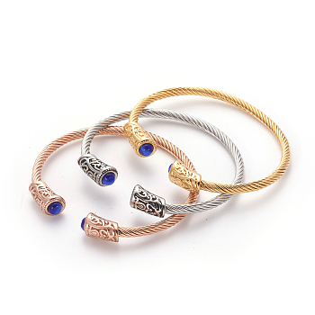 304 Stainless Steel Cuff Bangle Sets, Torque Bangle, with Cat Eye, Blue, 65~67x51~54mm, 3pcs/set