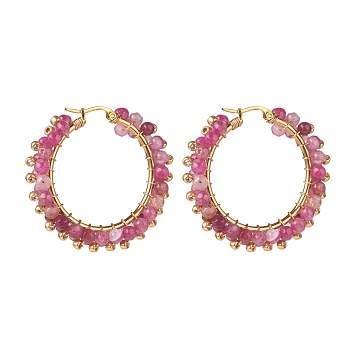Natural Agate Beaded Hoop Earrings, 304 Stainless Steel Wire Wrap Jewelry for Women, Golden, Hot Pink, 43x43.5x9mm, Pin: 1.1x0.6mm