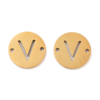 Vacuum Plating 201 Stainless Steel Hollow Flat Round Links, Letter Connector Charms, Real 18K Gold Plated, Letter V, 12x1mm, Hole: 1.2mm