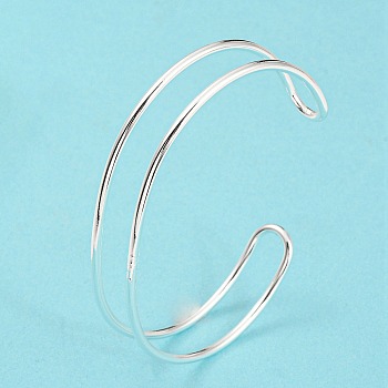 Rack Plating Brass Double Lines Cuff Bangles for Women, Cadmium Free & Lead Free, Silver, Inner Diameter: 2-3/8 inch(6cm)
