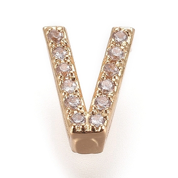 Golden Plated Brass Micro Pave Cubic Zirconia Slide Charms, Letter, Clear, Letter.V, 7~7.5x1.5~6.5x3mm, Hole: 6x1mm