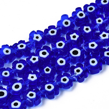 Handmade Lampwork Beads Strands, Flower with Evil Eye, Medium Blue, 6~7x6~7.5x3mm, Hole: 0.7mm, about 63~65pcs/strand, 15.75 inch~15.94 inch(40~40.5cm)