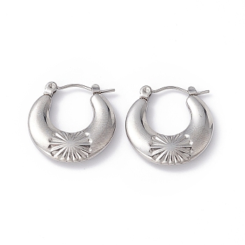 304 Stainless Steel Croissant with Flower Hoop Earrings for Women, Stainless Steel Color, 20.5x20x4mm, Pin: 0.7mm
