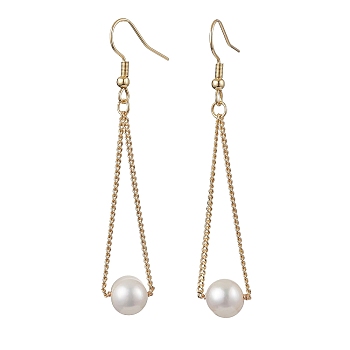 Natural Cultured Freshwater Pearl Dangle Earrings, with 304 Stainless Steel Earring Hooks, Round, Golden, 65x8mm