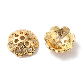 Brass Micro Pave Cubic Zirconia Bead Cap, 7-Petal Flower, Real 18K Gold Plated, 11x4mm, Hole: 1.4mm