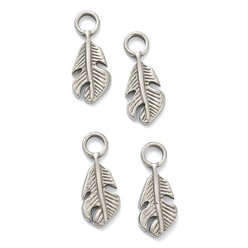 304 Stainless Steel Charms, Feather, Stainless Steel Color, 15x6x1.5mm, Hole: 2.5mm