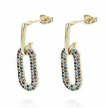Brass Micro Pave Cubic Zirconia Dangle Stud Earrings, with Earring Backs, Nickel Free, Oval, Real 16K Gold Plated, Colorful, 31mm, Pin: 0.8mm