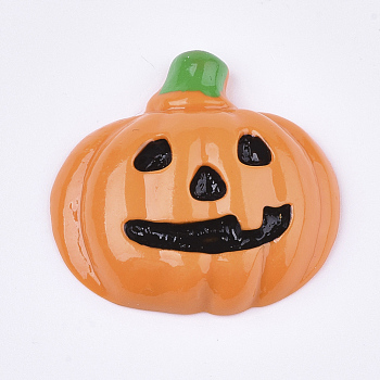 Resin Cabochons, Halloween Pumpkin Jack-O'-Lantern Lamp, Dark Orange, 25.5x26.5x7mm