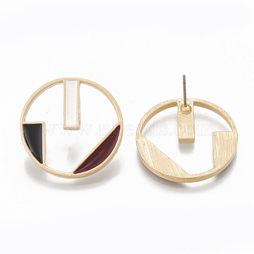 Smooth Surface Alloy Stud Earrings, with Enamel, Flat Round, Matte Gold Color, Colorful, 25mm, Pin: 0.7mm(X-ENAM-S116-32)