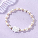 Natural Cultured Freshwater Pearl & Baroque Pearl Keshi Pearl Beads Stretch Bracelets for Women, with Brass, White, Inner Diameter: 2.48 inch(6.3cm)(BJEW-JB13513)