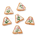 Handmade Porcelain Beads, Hand Painted Ceramic Beads, Triangle with Flower, with Enamel, Flamingo, 15~16x17~18x5~6mm, Hole: 1.4~1.5mm(PORC-C008-02A)