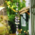 Metal Moon Hanging Ornaments, Glass Tassel Suncatchers for Home Garden Ornament, Teardrop, 405mm(PW-WG98241-02)