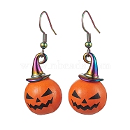 Halloween Theme Alloy Wood Pumpkin Dangle Earrings, 304 Stainless Steel Jewelry for Women, Rainbow Color, 48x16mm(EJEW-JE05850-02)