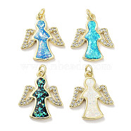 Brass Micro Pave Clear Cubic Zirconia Pendants, with Synthetic Opal and Jump Rings, Real 18K Gold Plated, Angel Charms, Mixed Color, 21.5x18.5x2mm, Hole: 3mm(KK-L213-007G)