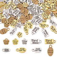 Elite 180Pcs 9 Style Tibetan Style Alloy Charms, Oval & Rectangle & Flower with Word Handmade, Antique Silver & Antique Golden, 8.5~15x5~8x1~1.5mm, Hole: 1.2~2mm, 20pcs/style(FIND-PH0009-71)