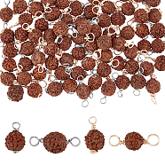 80Pcs 4 Styles Round Natural Wood Pendants and Connector Charms, Sienna Rudraksha, with Copper Wire, Mixed Color, 16~22.5x9~10.5nnm,  Hole: 3.5~3.9mm, 20pcs/style(FIND-FH0007-65)