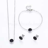 304 Stainless Steel Jewelry Sets, Pendant Necklaces & Stud Earrings & Bracelets, with Enamel, Flat Round, Stainless Steel Color, 16.93 inch(43cm), 7-1/8 inch(18cm), 10x2mm, Pin: 0.8mm(SJEW-H129-23P)