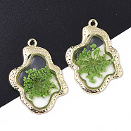 Epoxy Resin Pendants, with Dried Flower Inside and Light Gold Plated Alloy Open Back Bezel, Nuggets, Lime Green, 35x26x1.5mm, Hole: 1.6mm(X-RESI-T045-028B)