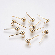 304 Stainless Steel Stud Earring Findings, with Loop, Round, Real 24K Gold Plated, 15x6mm, Hole: 1.5mm, Ball: 3mm, Pin: 0.8mm(STAS-G174-18G)