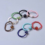 Natural & Synthetic Mixed Stone Stretch Rings, with Glass Seed Beads, Size 8, 18mm(X-RJEW-JR00255)