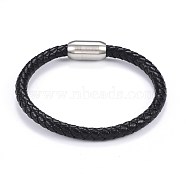 Man's Braided Leather Cord Bracelets, with 304 Stainless Steel Magnetic Clasps, Black, 8-1/4 inch(21cm), 6mm(BJEW-JB04255-02)