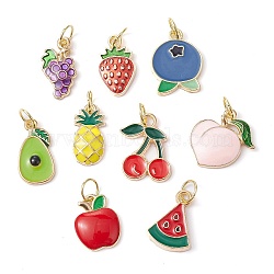 Alloy Enamel Pendants, with Jump Ring, Golden, Fruit Charm, Mixed Color, 14.5~18x8~16x1.5~3mm, Hole: 4.5mm, 9pcs/set(PALLOY-JF02459)