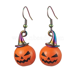 Halloween Theme Alloy Wood Pumpkin Dangle Earrings, 304 Stainless Steel Jewelry for Women, Rainbow Color, 48x16mm(EJEW-JE05850-02)