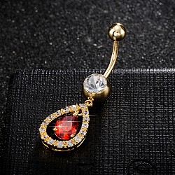 Piercing Jewelry, Brass Cubic Zirconia Navel Ring, Belly Rings, with 304 Stainless Steel Bar, Cadmium Free & Lead Free, Real 18K Gold Plated, teardrop, Red, 43x12mm, Bar Length: 3/8"(10mm), Bar: 14 Gauge(1.6mm)(AJEW-EE0003-10B)