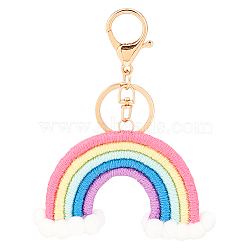 Handmade Woven Cotton Keychain, with Iron & Alloy Findings, Golden, Rainbow Pattern, 12cm, Rainbow: 55x92x17mm(KEYC-WH0034-18B)