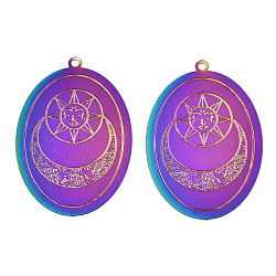Ion Plating(IP) 304 Stainless Steel Filigree Pendants, Etched Metal Embellishments, Oval with Moon & Sun, Rainbow Color, 38x26x0.3mm, Hole: 1.6mm(STAS-S118-023)
