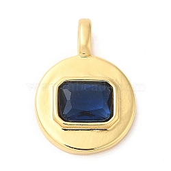 Brass with Cubic Zirconia Pendants, Real 16K Gold Plated, Flat Round Charm, Marine Blue, 20.5x15x4mm, Hole: 4x2.5mm(KK-K339-01G-03)