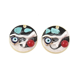 Rack Plating Alloy Enamel Pendants, with Resin & ABS Imitation Pearl Beads & Synthetic Turquoise, Cadmium Free & Nickel Free & Lead Free, Golden, Flat Round with Heart & Evil Eye, Black, 30x8.5mm, Hole: 1.9mm(FIND-Z062-01G-02)