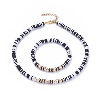 Heishi Beads Stretch Bracelets & Necklaces Sets, with Handmade Polymer Clay, Non-magnetic Synthetic Hematite Heishi Beads and Iron Chain Extender, Golden, Black, 2-1/8 inch(5.5cm), 14.96 inch(38cm), 2pcs/set