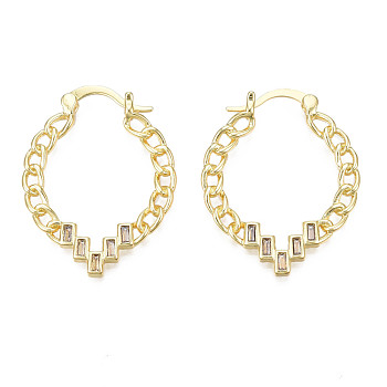 Clear Cubic Zirconia Teardrop Hoop Earring, Brass Curb Chain Shape Earrings for Women, Nickel Free, Real 18K Gold Plated, 32x24.5x2mm, Pin: 1.5mm