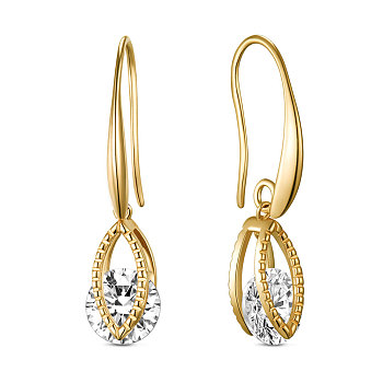 SHEGRACE Brass Gold Plated Dangle Earrings, with Grade AAA Cubic Zirconia, Golden, 33x8mm