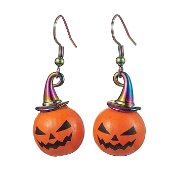 Halloween Theme Alloy Wood Pumpkin Dangle Earrings, 304 Stainless Steel Jewelry for Women, Rainbow Color, 48x16mm