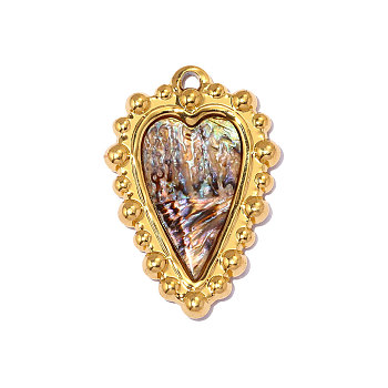 304 Stainless Steel & Shell Pendants, Heart Charm, Real 18K Gold Plated, Ion Plating(IP), Long-Lasting Plated, Colorful, 28x19mm,Hole:1.80mm