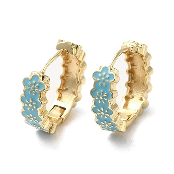 Flower Real 18K Gold Plated Brass Hoop Earrings, with Enamel, Deep Sky Blue, 19x6mm