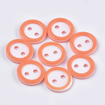 Resin Buttons, 2-Hole, Flat Round, Orange, 11x2mm, Hole: 1.8mm, about 1000pcs/bag
