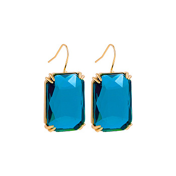 Rectangle Alloy Cubic Zirconia Dangle Earrings, Golden, Steel Blue, 40x19mm